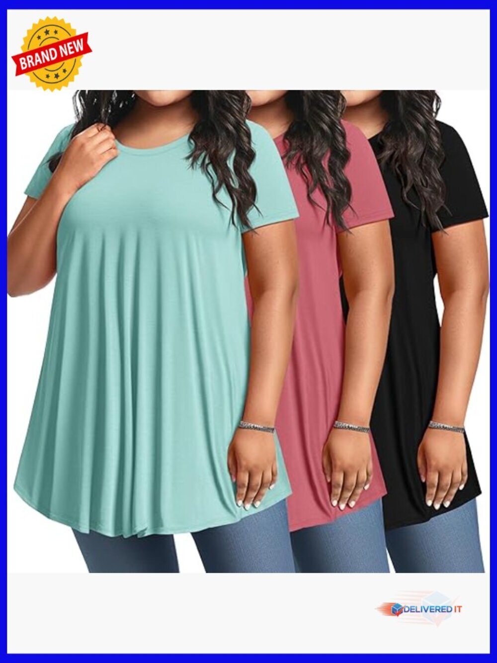 Plus Size Loose Fit Flowy Tunic Top Short Sleeve Shirts for Leggings 3 Pack